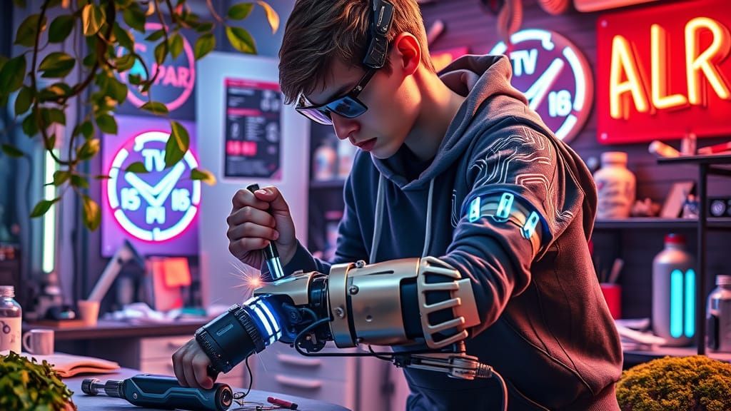 Cyberpunk Inventor Works on Futuristic Exosuit Arm