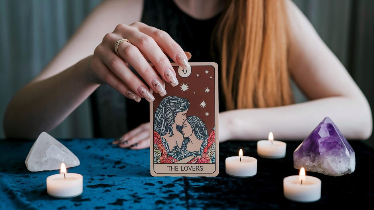 Woman's Hand Holding Lovers Tarot Card