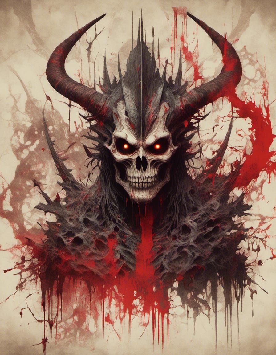 Terrifying Demon with Skull Face in Destroyed Temple