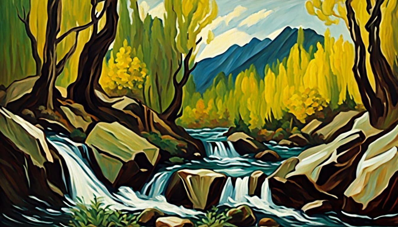 Waterfall Landscape in Post-Impressionist Style