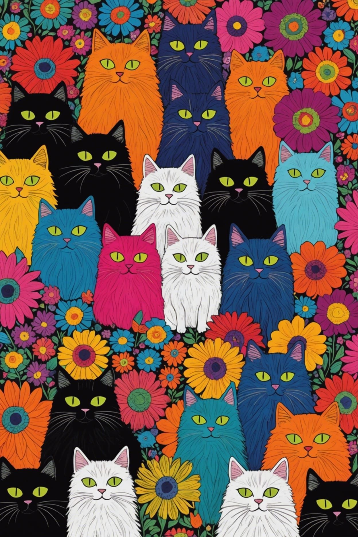 Psychedelic Fur Cats in Rows, Art Brut Style