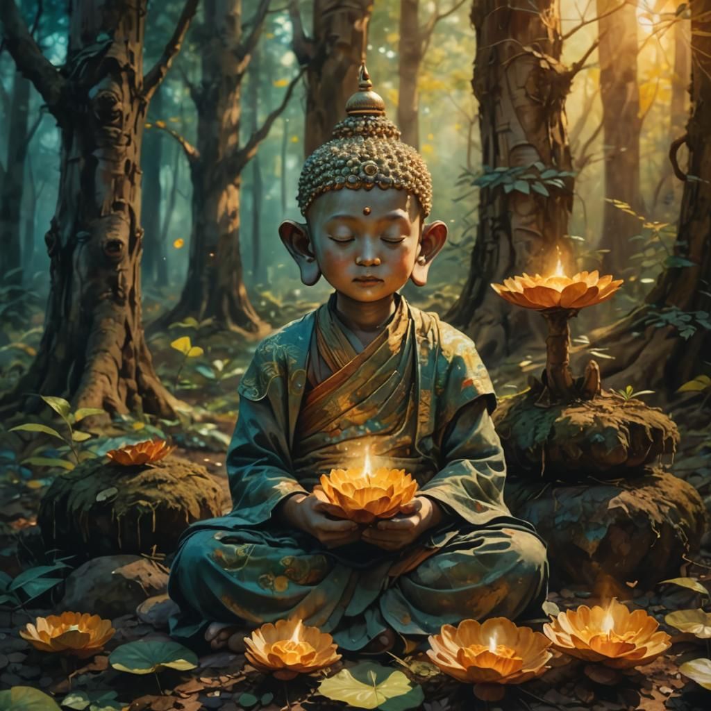 Watercolor Monks Meditating in Forest, Detailed Textures