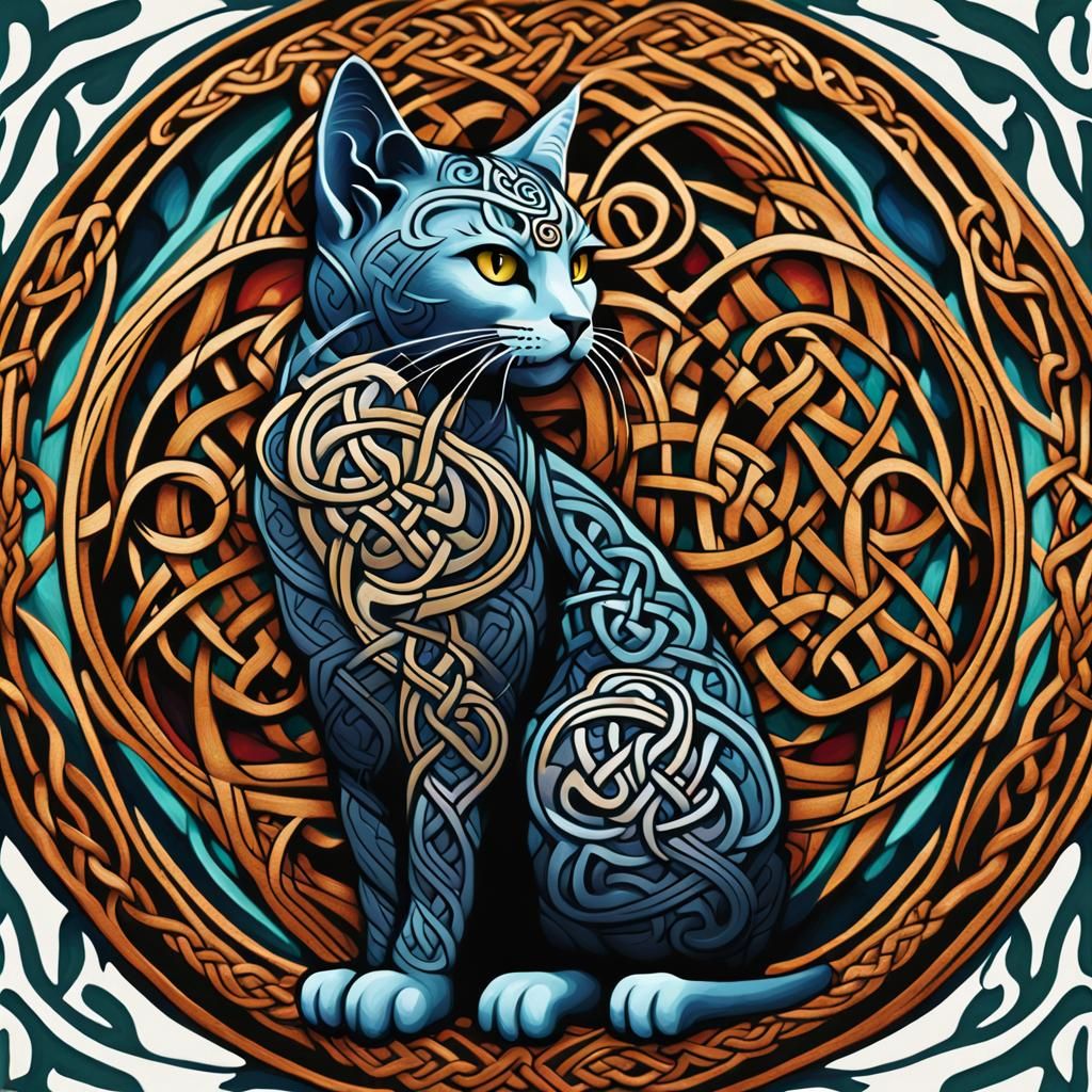 Medieval Celtic Knot Cat in Profile View