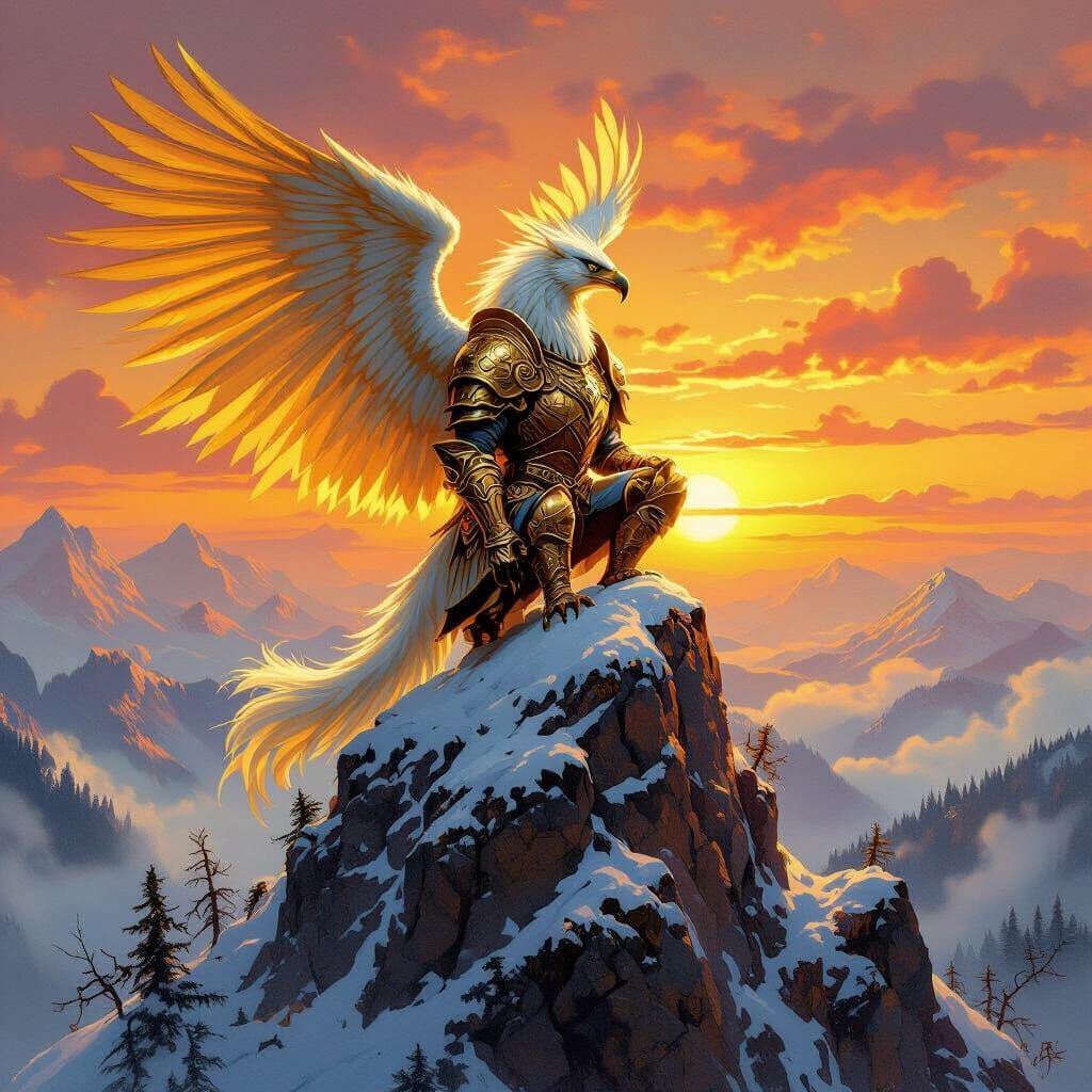 Armored Griffin Perched Atop Snowy Peak at Sunset