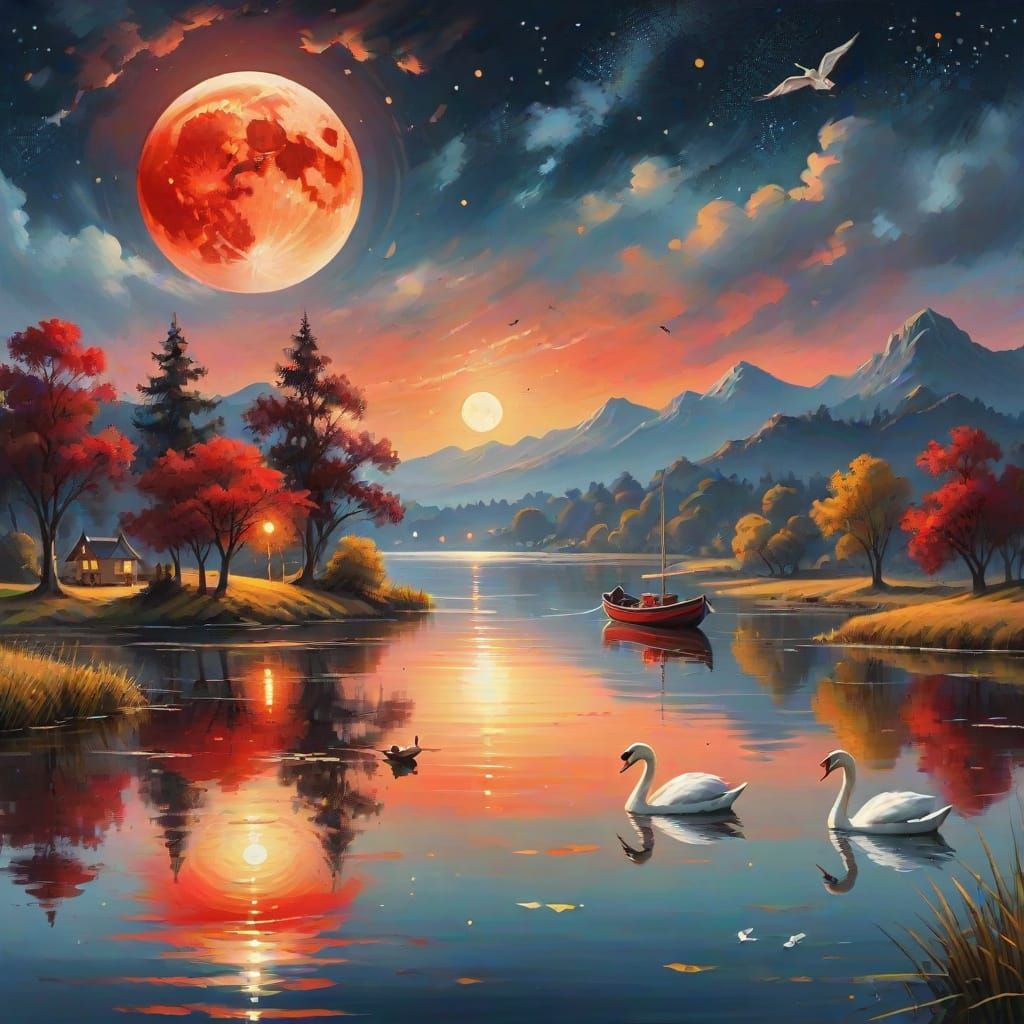 Golden Serenity: Majestic Swan Scene Under a Red Moon