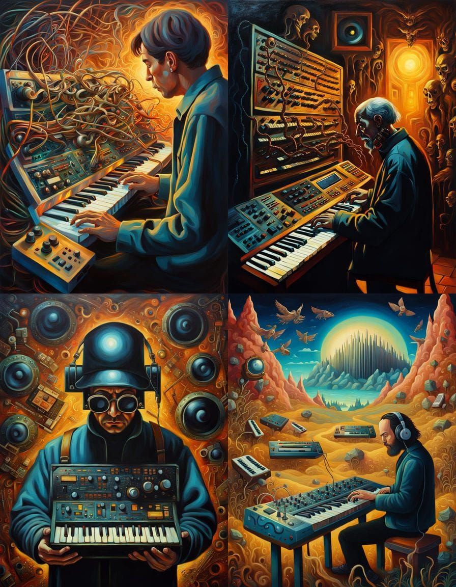 Man Holding Synthesizer in Hieronymus Bosch Style