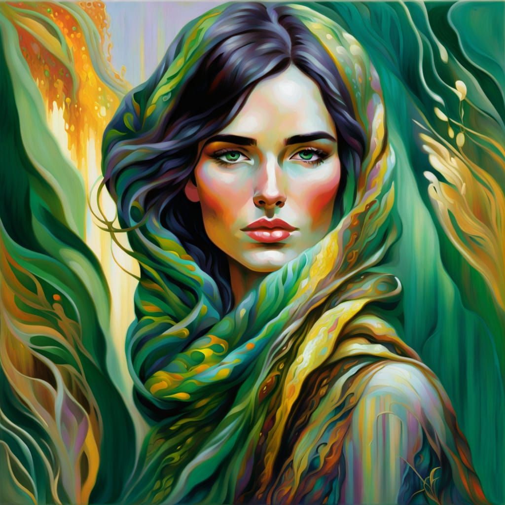 Woman with Glowing Skin in Oil Painting Style