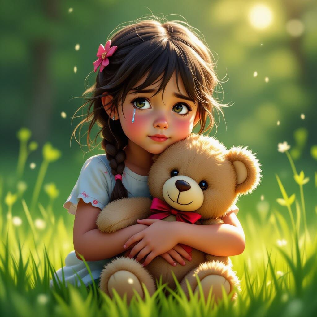Girl Hugs Teddy Bear with Tears, Concept Art Portrait