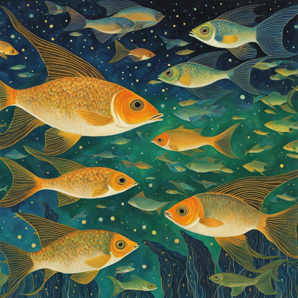 Gustav Klimt-Inspired Science Fiction Skyfish in Emerald Ski...