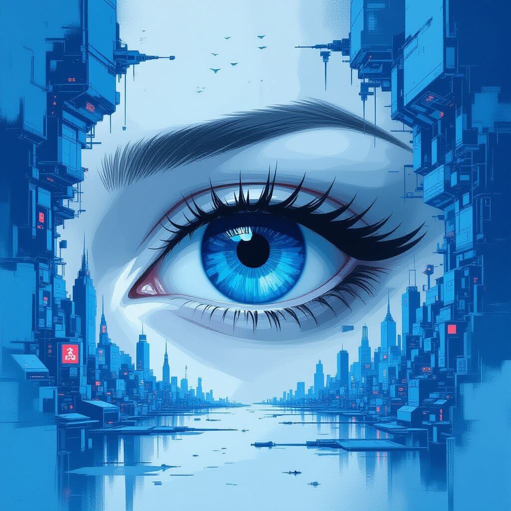 Abstract Eye Gazes Over Futuristic Cityscape