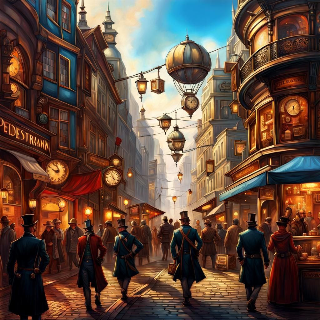 Steampunk City Pedestrian Zone with Steam-Powered Horses