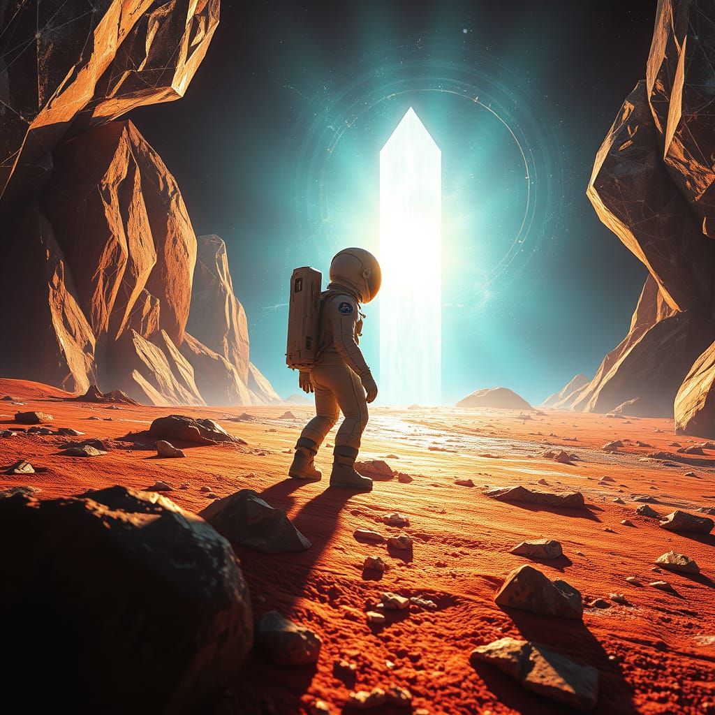 Astronaut on Bismuth Planet Discovering Shimmering Portal