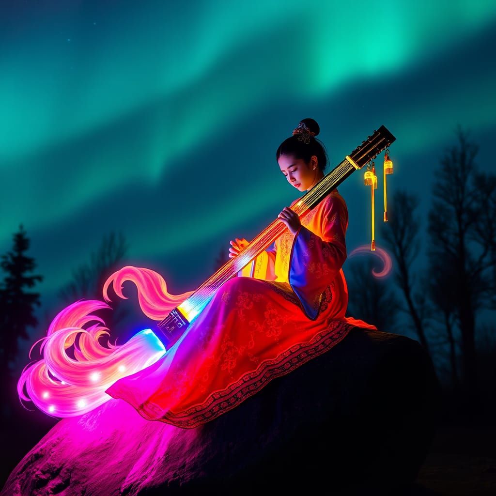 Neon Chinese Girl with Gu Zheng in Realistic Photography