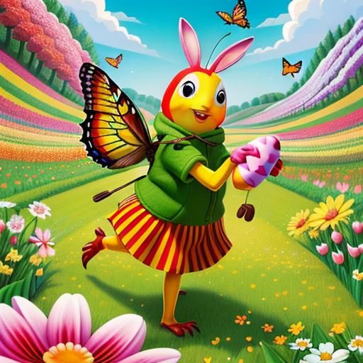 Cheerful Characters Hunting Eggs in Spring Landscape