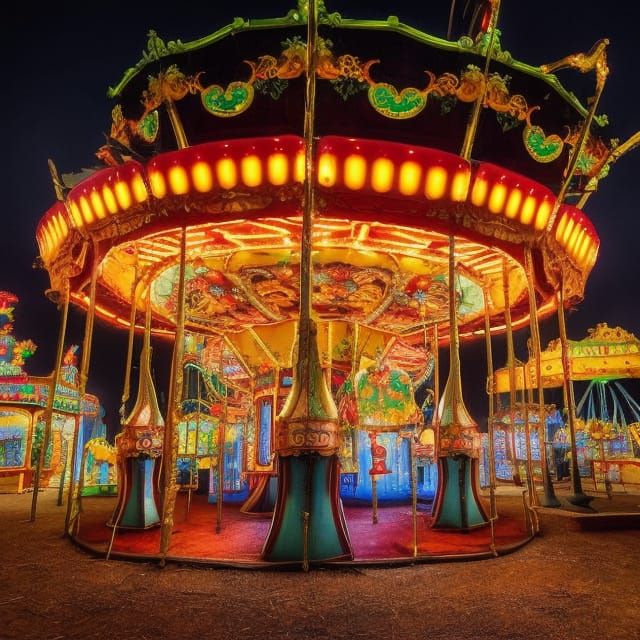 Eerie Abandoned Amusement Park Carousel, Retrofuturistic Sty...