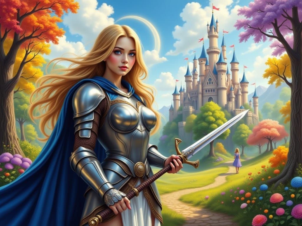 Armored Female Warrior in Whimsical Colorful World