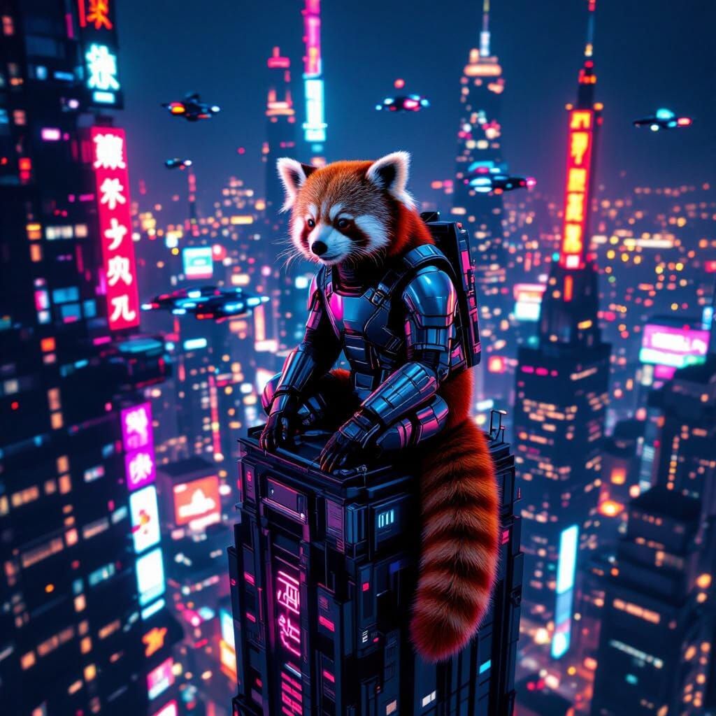 Red Panda in Cyberpunk Cityscape at Night