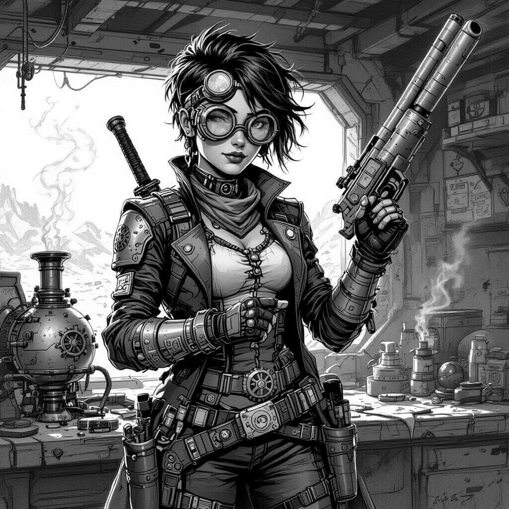 Steampunk Gunslinger in Desert Workshop, Charcoal Drawing