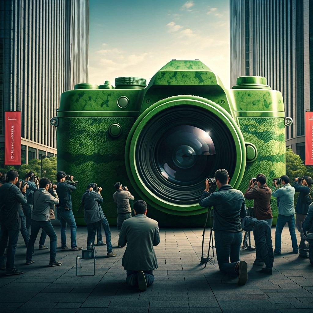 Giant Watermelon Camera Attracts Photographers in Plaza