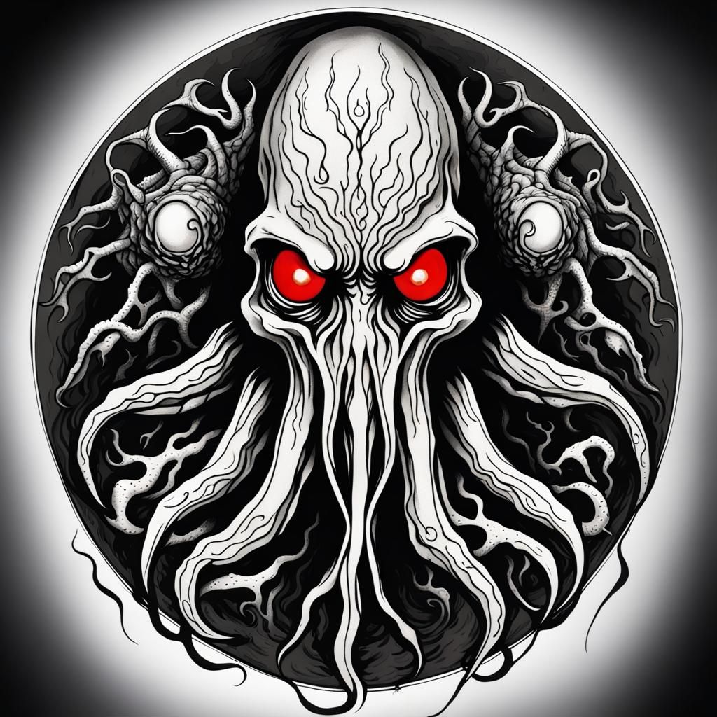 Demonic Cthulhu Tattoo Design in Black and White