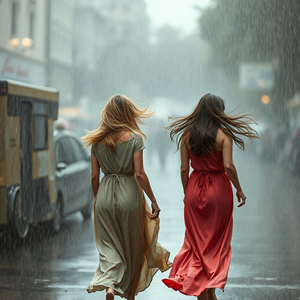Women in Silk Dresses Caught in Rainstorm