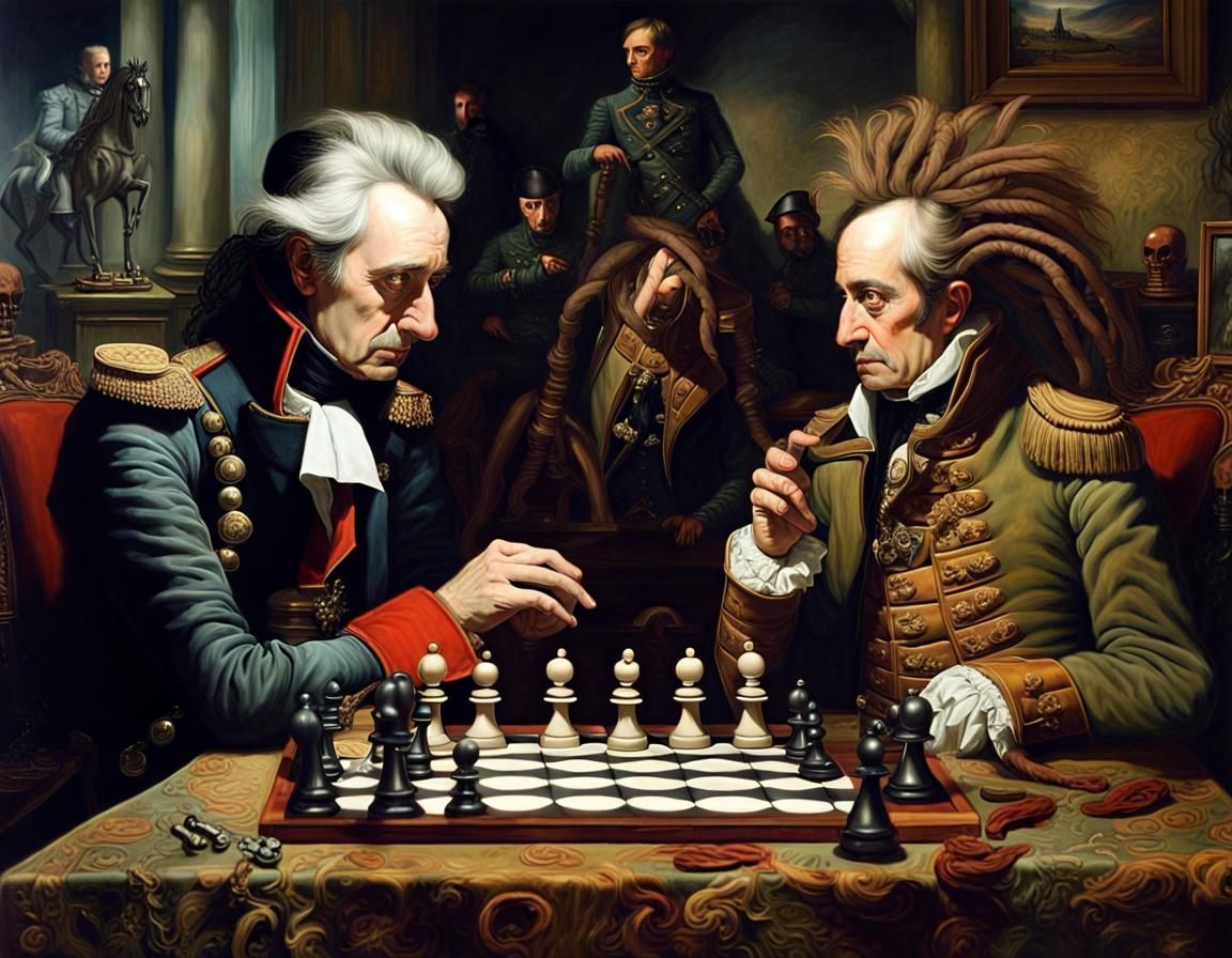 Napoleon and Wellington Play Chess in Art Nouveau Style