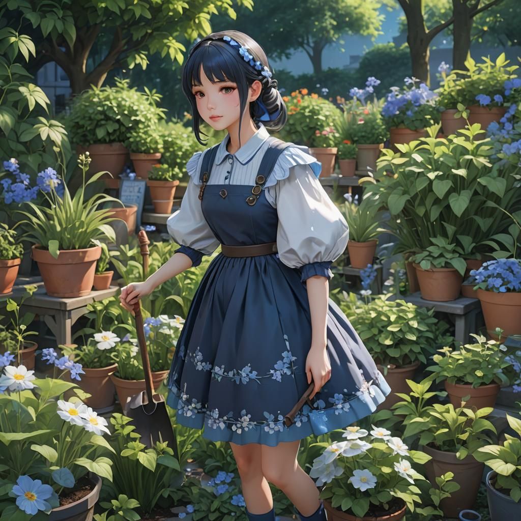 Girl in Blue Gardening Dress: 3D Anime Art