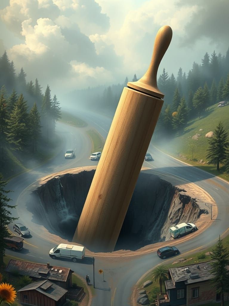 Giant Rolling Pin Emerges From Highway Sinkhole
