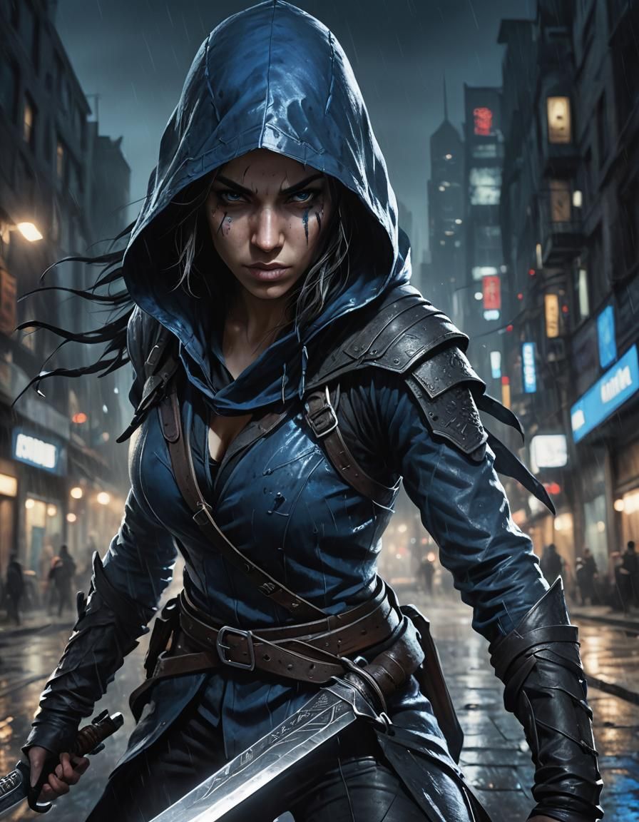 Blue-Clad Assassin in Moody Cityscape Concept Art