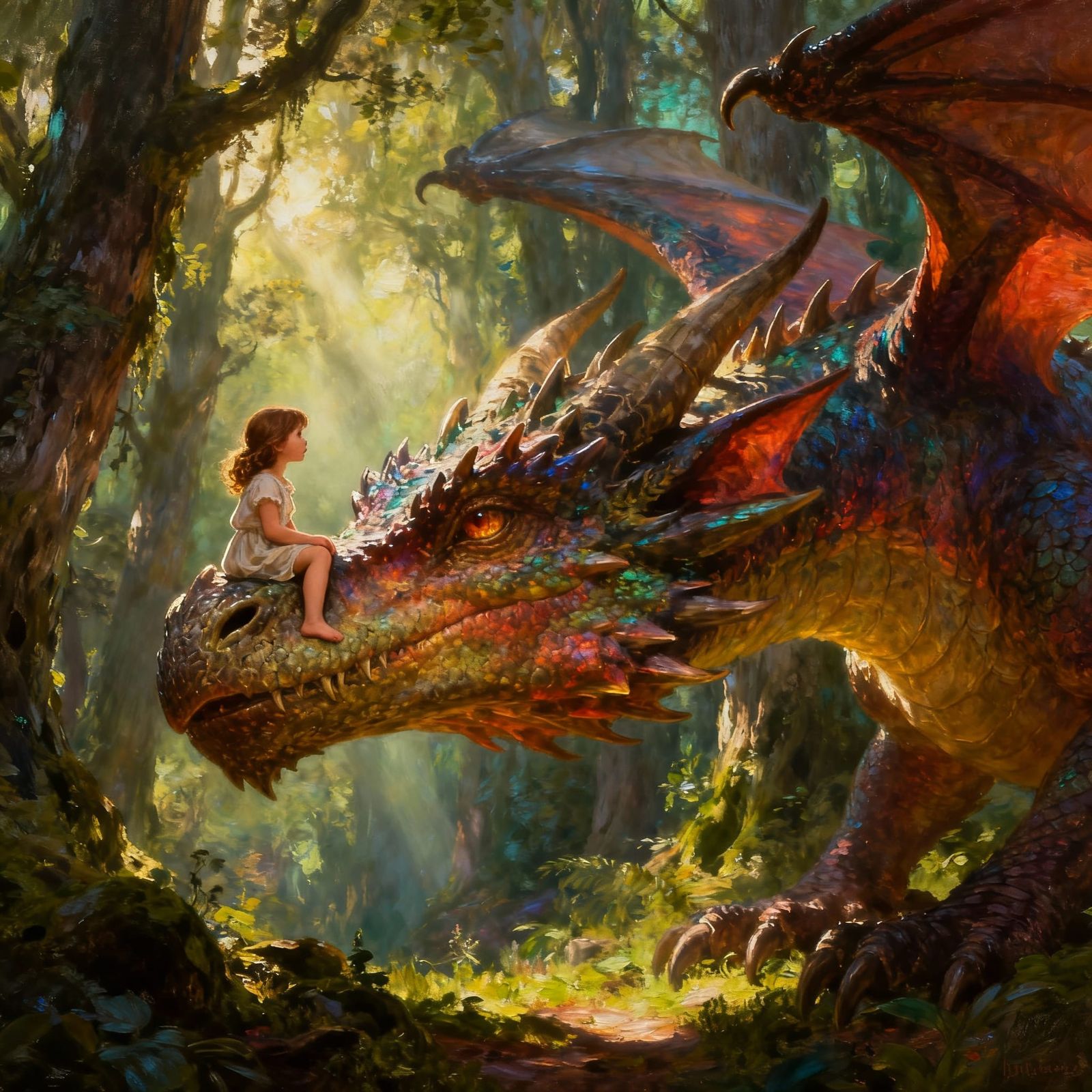 Child and Dragon in Enchanted Forest Oil Painting