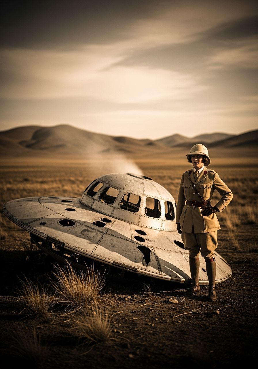 Female Explorer and Crashed Saucer in Autochrome Style