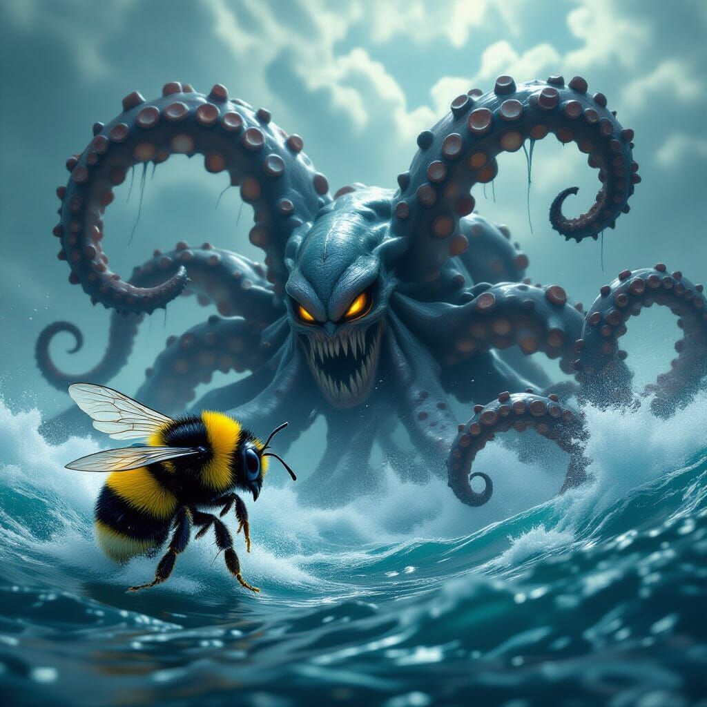 Bumblebee Battles Kraken in Stormy Sea