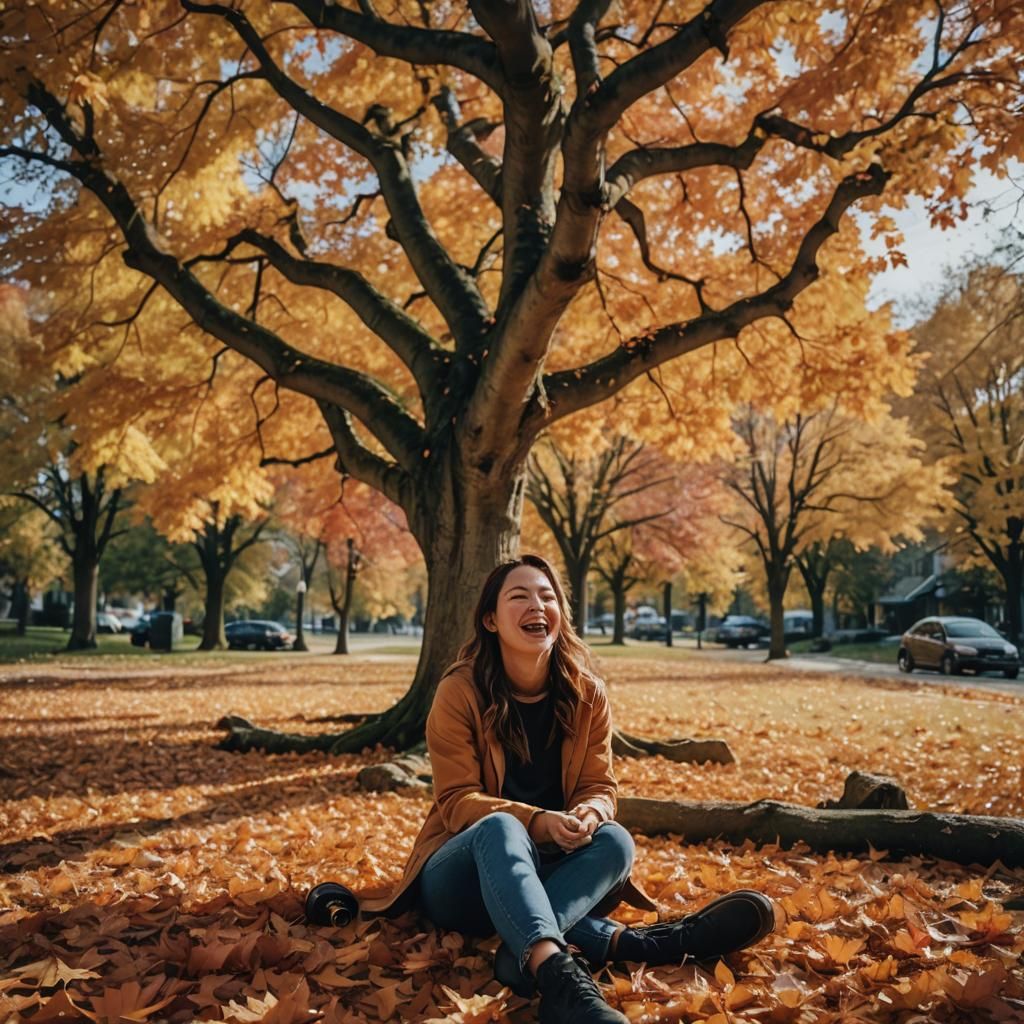 Girl Laughing Under Maple Tree: Cinematic Film Still
