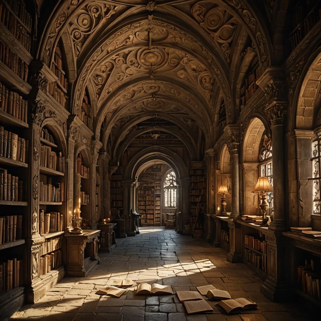 Mysterious Medieval Library with Ornate Designs
