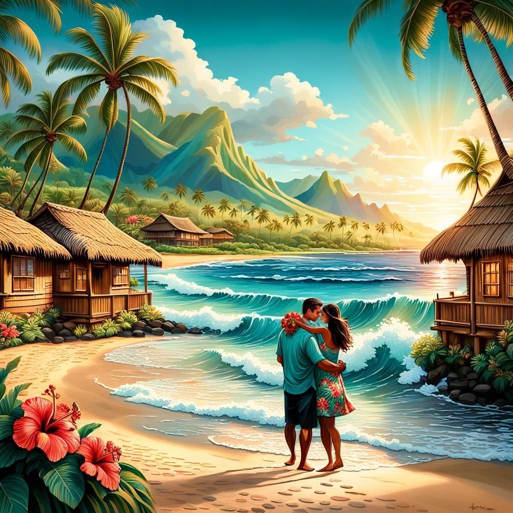 Hawaiian Beach Scene with Palm Trees and Bungalows