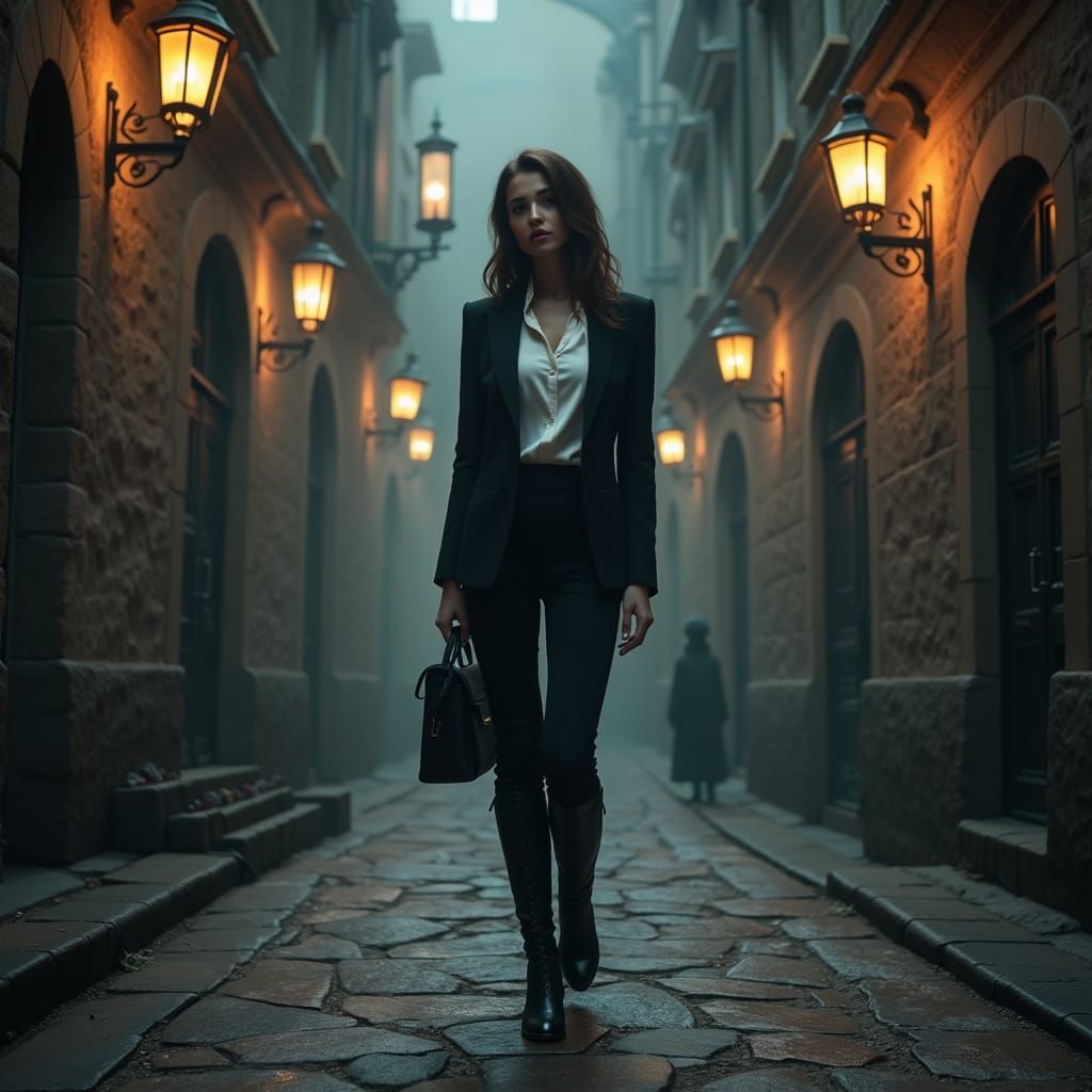 Brunette in Business Suit in Mystical Alleyway