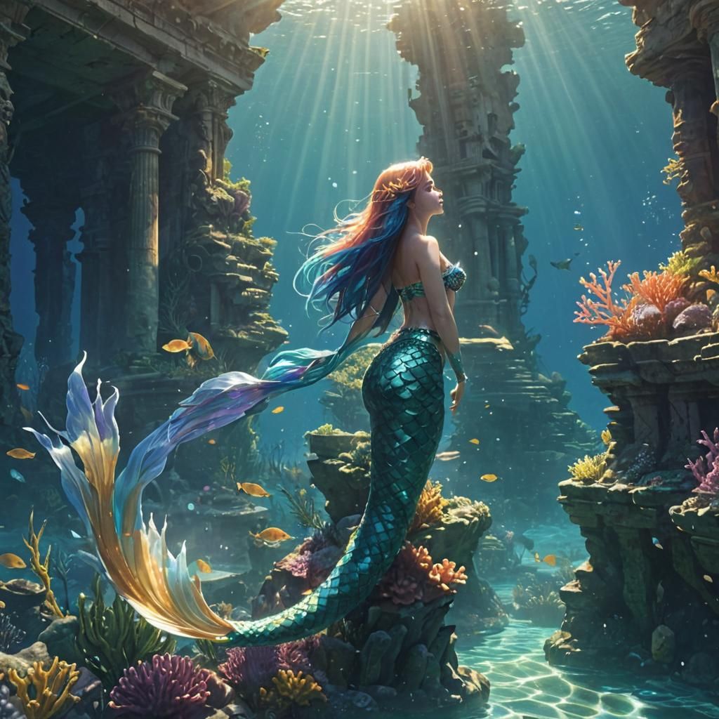 Anime Mermaid in Sunlit Underwater Ruins
