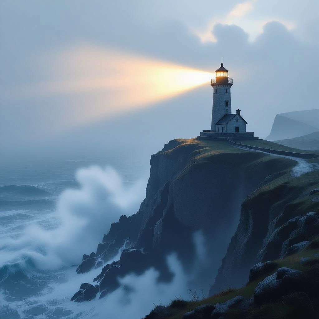 Hyperrealistic Lighthouse in Swirling Mist