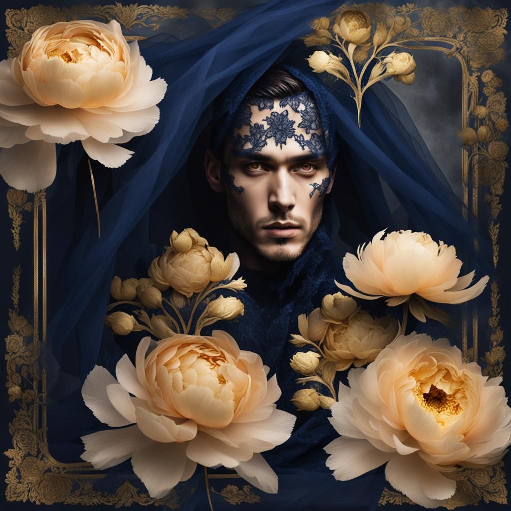 Gothic Veil: Male Portrait with Golden Peonies
