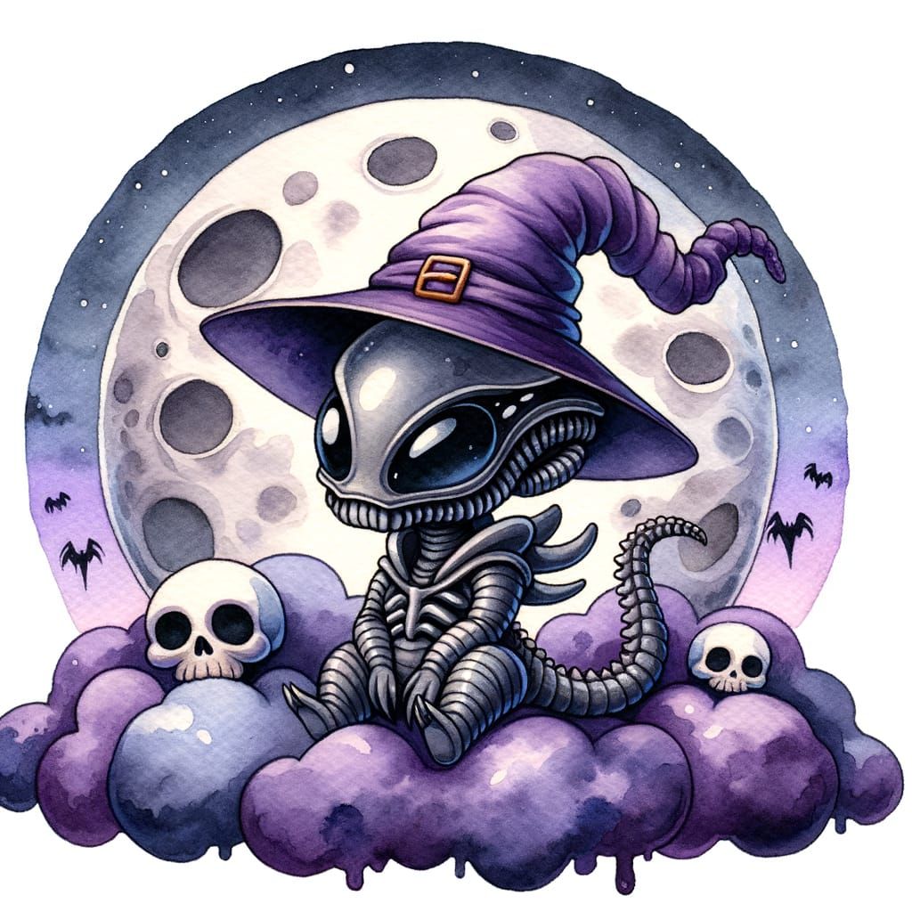 Chibi Xenomorph Witch in Watercolor Vector Style