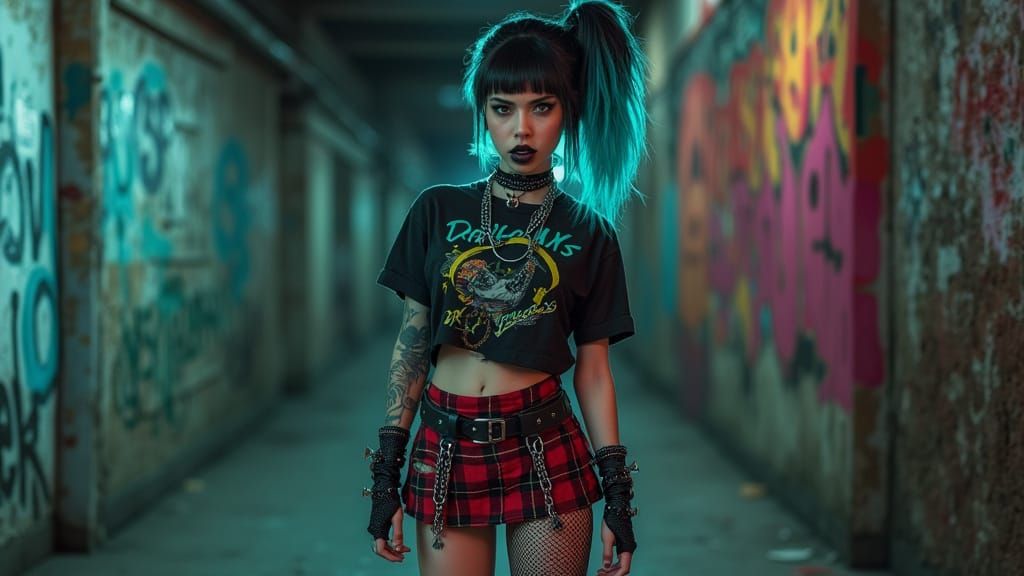 Edgy Punk Girl with Asymmetrical Hairstyle in Urban Setting