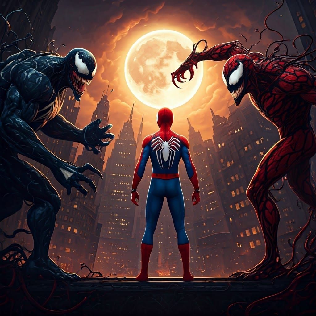 Spiderman vs. Venom and Carnage in Dark Metropolis