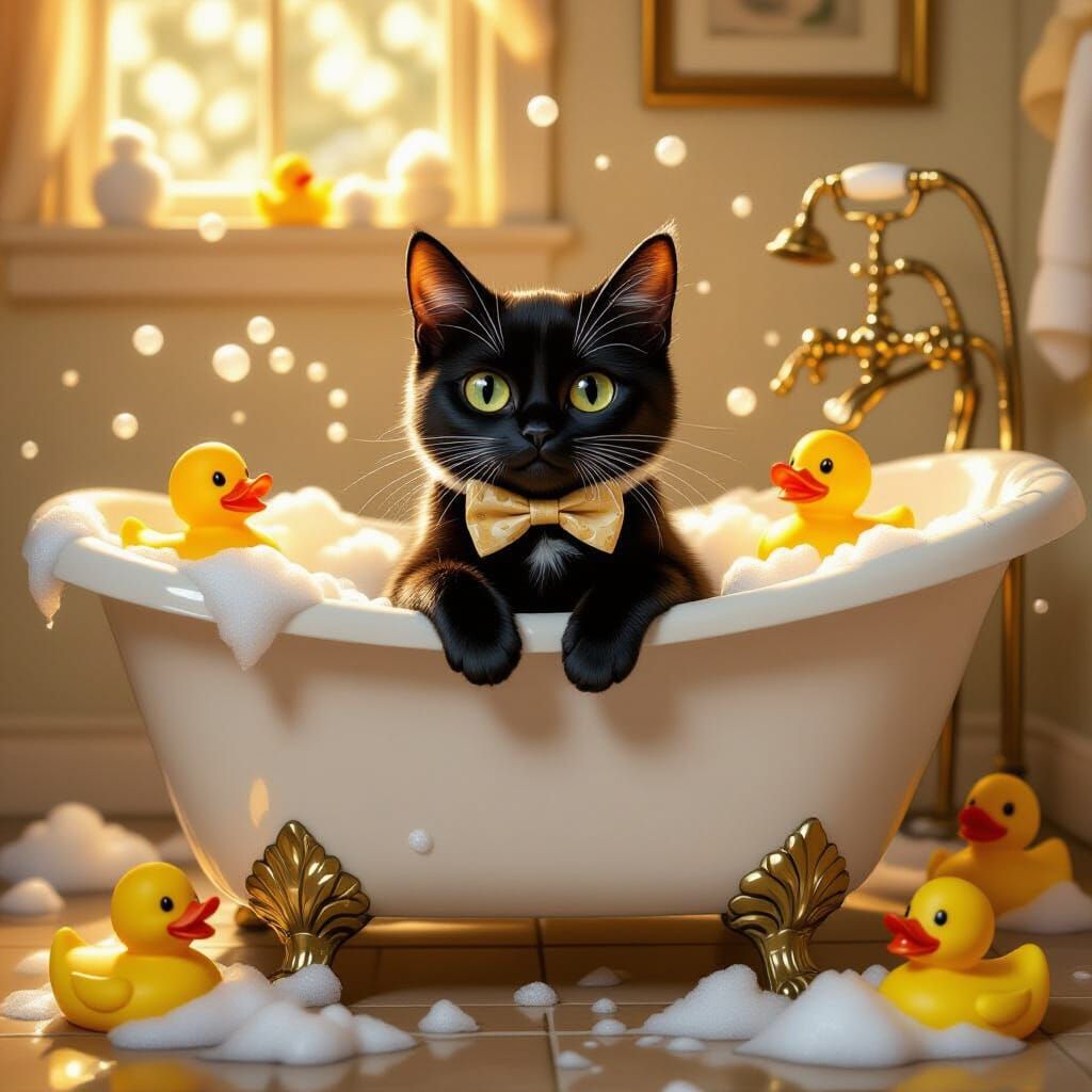 Black Cat's Bubble Bath: Warm, Soft, Painterly