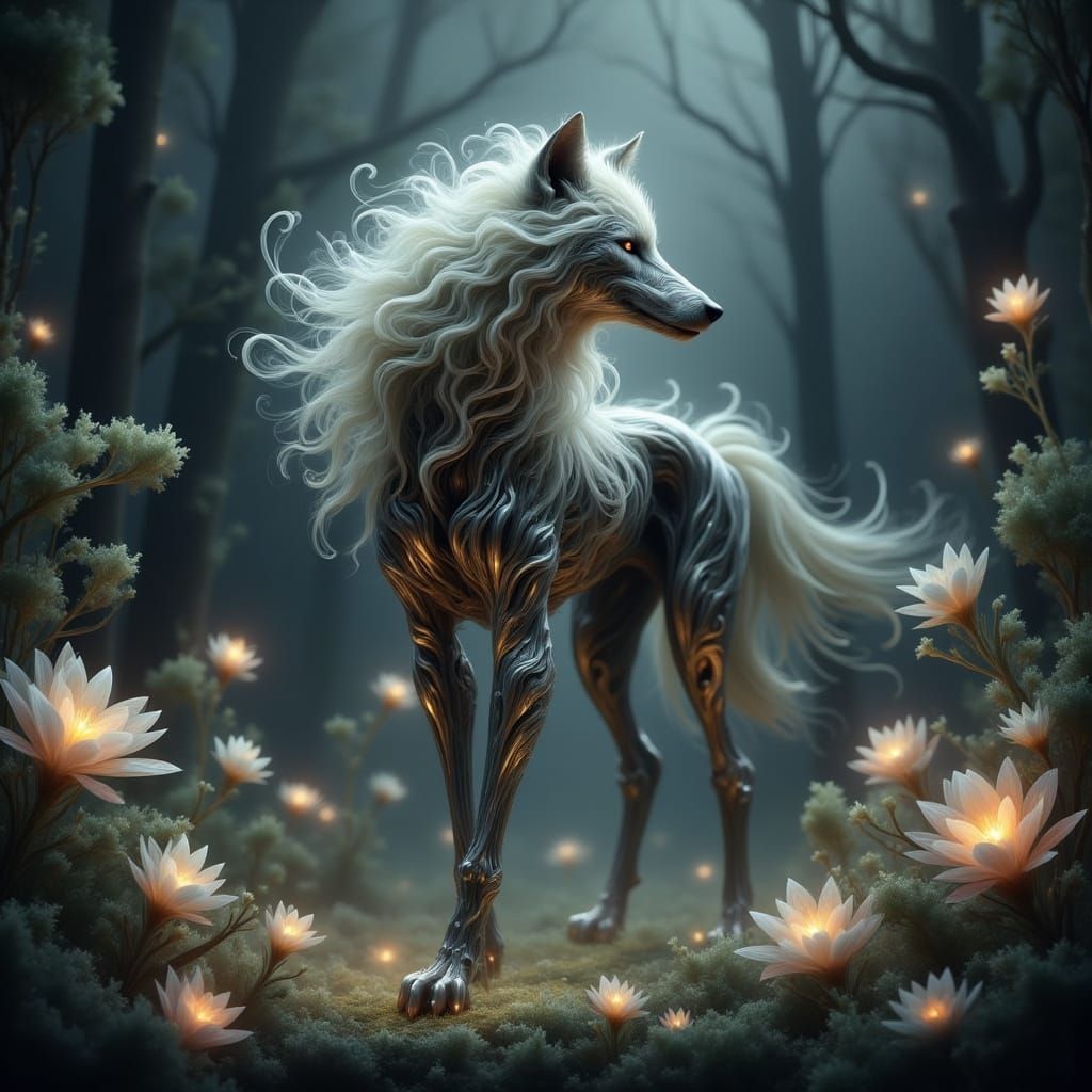 Cyberwolf Reigns in a Dreamlike Forest of Bioluminescent Won...
