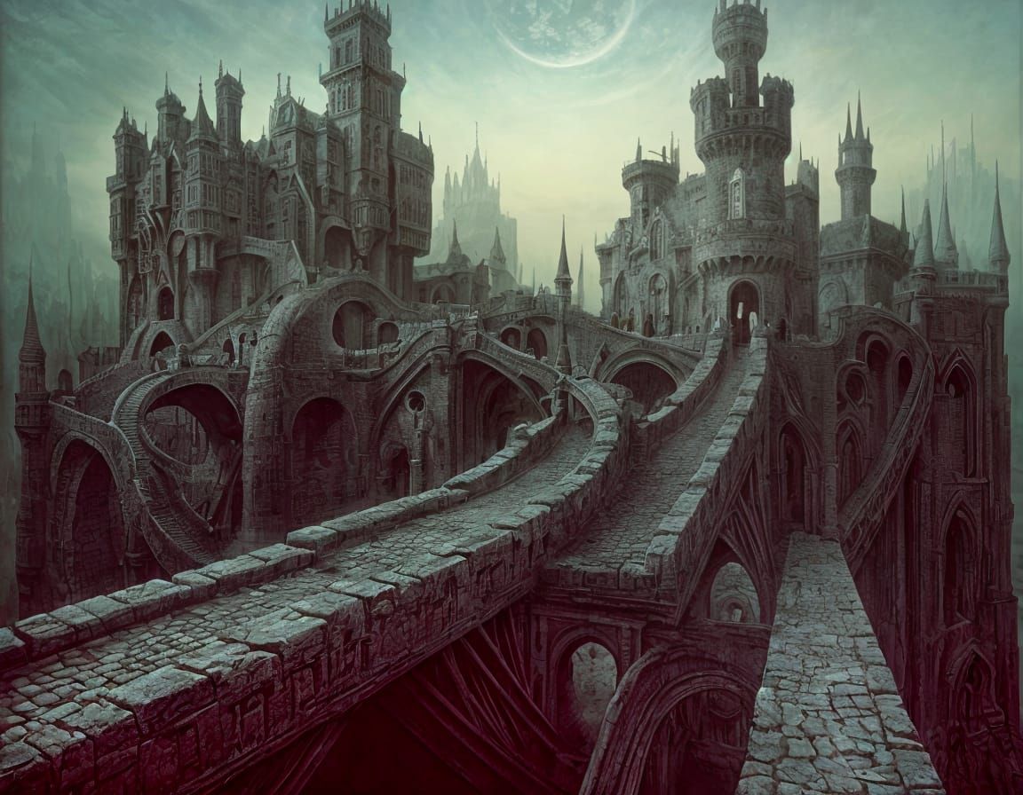 Surreal Castle with Drawbridges in Dark Style