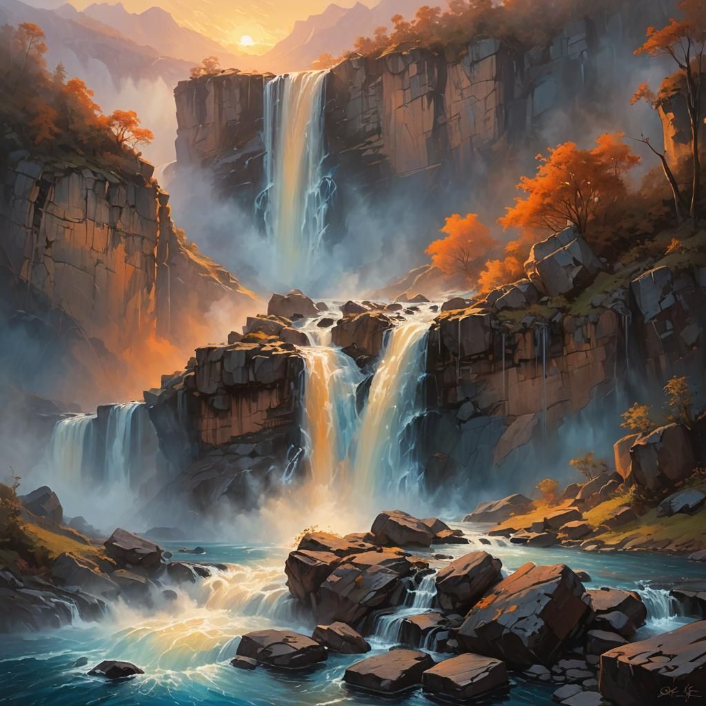 Misty Waterfall at Sunset: Fantasy Oil Painting