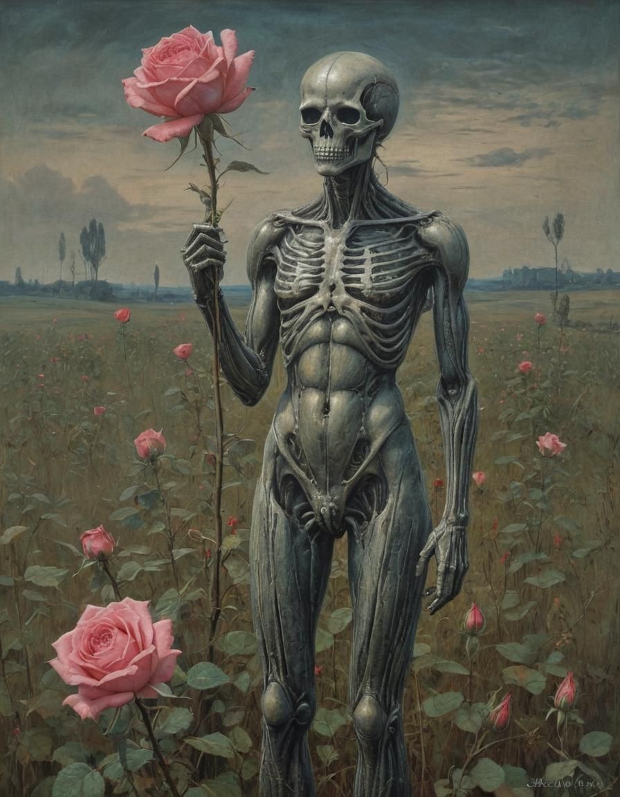 Surreal Giant Rose in Meadow, Dry Pastel Style