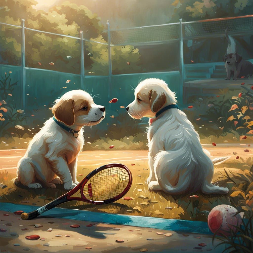 Puppies Playing Tennis in Hyperdetailed Style