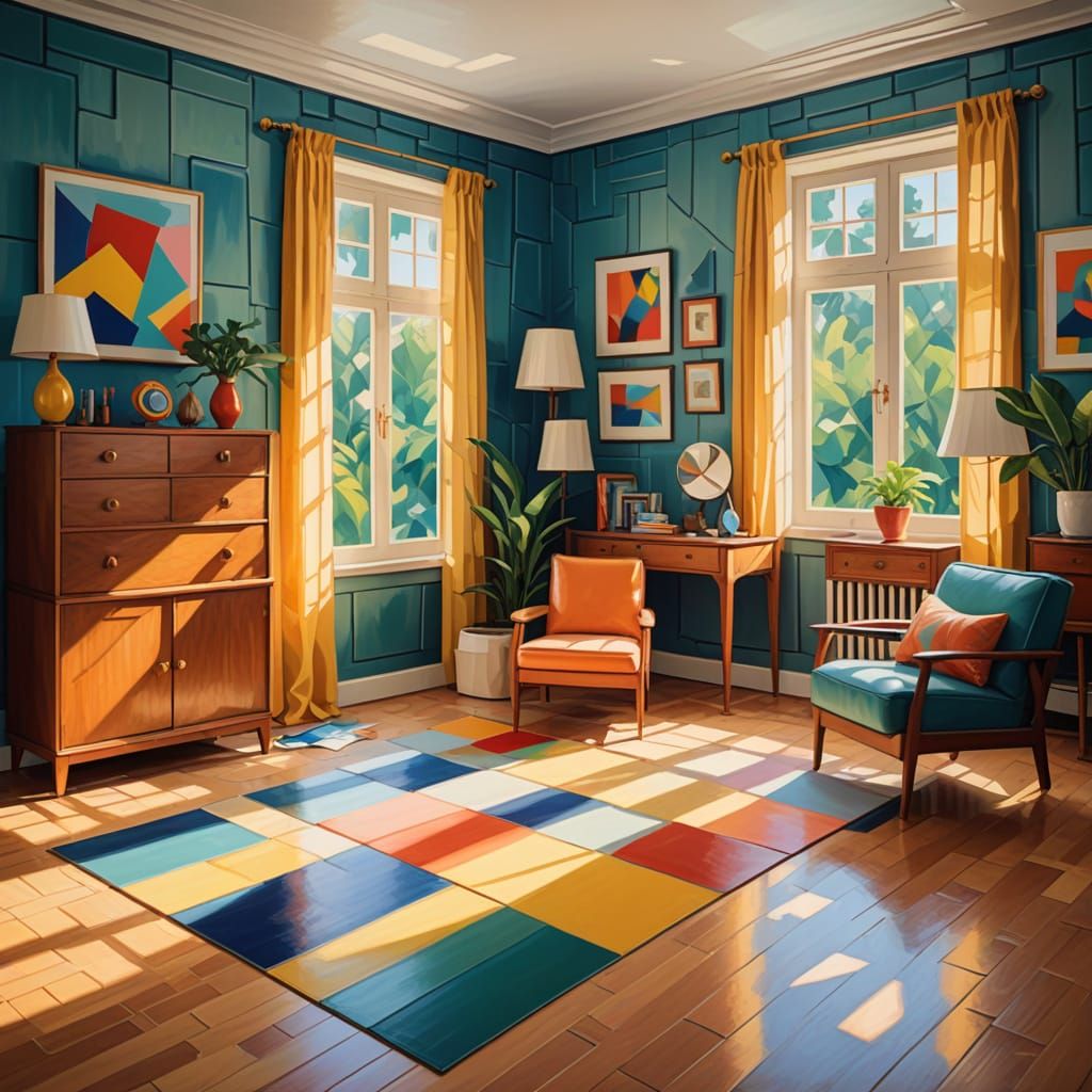 Fauvist Oil Painting of an Airy, Geometric Interior