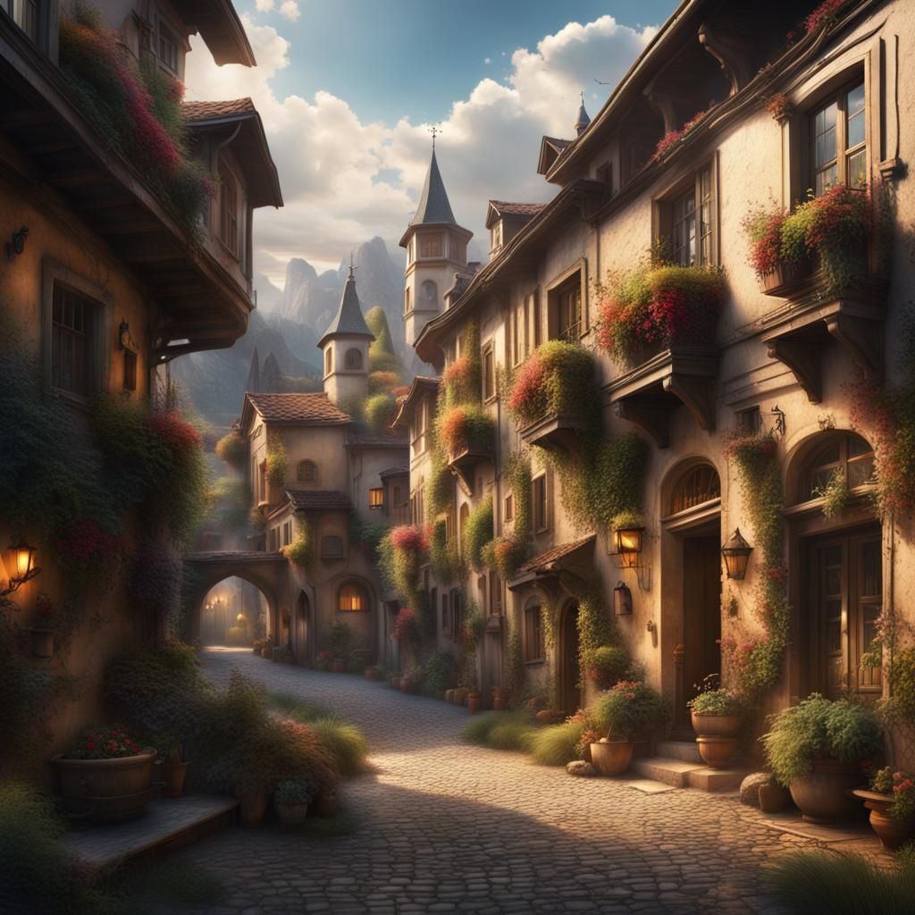 Picturesque Village Courtyard in Digital Matte Painting Styl...
